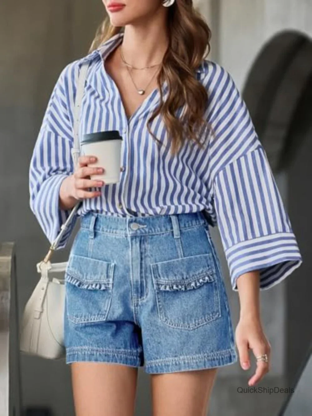 High Waisted Baggy Wide Leg Vintage Denim Shorts with Ruffle Pockets